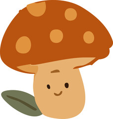 A cute cartoon mushroom with a smiling face, featuring a red cap with orange spots and a single green leaf beside it.
