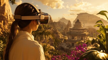 Woman wearing virtual reality headset views a historical site.