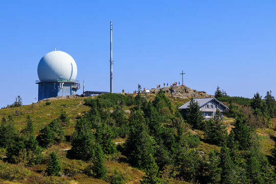 Mountain Gro&szlig;er Arber panorama with radar dome (radome), mountain hut and summit cross in Bavarian Forest, Germany