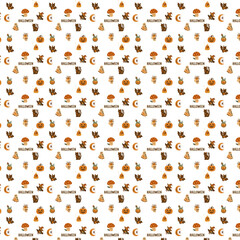 A seamless Halloween pattern with cute hand-drawn icons such as pumpkins, ghosts, bats, witch hats, skulls, potions, mushrooms, and the word 