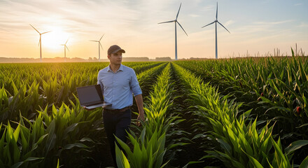 Farmer with laptop inspecting cornfield at sunrise with wind turbines, sustainable agriculture