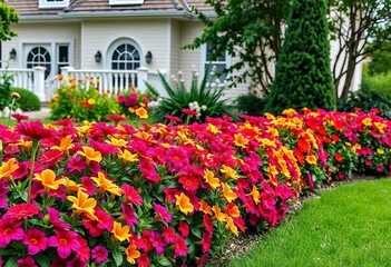 Naklejka premium Vibrant flower garden blooms, lush lawn, luxury home backdrop, flower bed, garden design