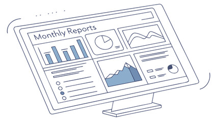 Illustration of a computer monitor displaying a dashboard with various charts and graphs showing data reports