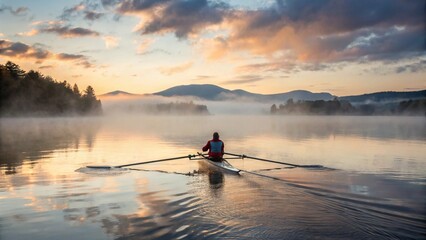 Solo Rower on Misty Lake 