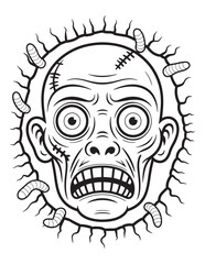Obraz premium Creepy Zombie Head with Wide Eyes, Scary Halloween Face Coloring Page for Kids