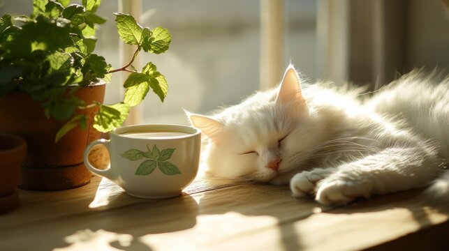 Fluffy white cat sleeping peacefully beside a cup of tea on a sunny windowsill with potted plants.