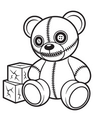 Creepy Teddy Bear with Buttons and Blocks, Halloween Toy Line Art Coloring Page for Kids