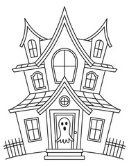 Fototapeta premium Haunted House with Spooky Windows and Bats, Halloween Night Scene Line Art Coloring Page for Kids
