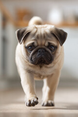 Obraz premium A cute, inquisitive pug puppy walks directly toward the viewer. Soft focus, warm tones and a shallow depth of field create a tender, inviting atmosphere. Ideal for petrelated content.