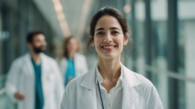 New medical resident stepping forward confidently in a white coat medium shot with blurred hospital corridor and fellow residents welcoming them in the background.