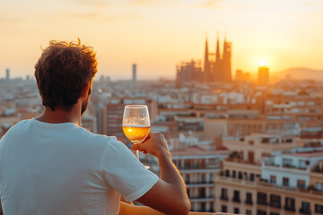 Fototapeta premium Enjoying a drink with a view of the sunset over the city skyline. Relaxing at sunset with cityscapes and architecture. Golden hour rooftop serenity.