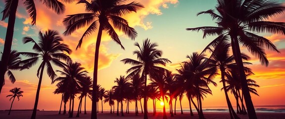 Fototapeta premium Retro sunset over palm trees on a California beach, vintage vibe, vacation, ocean