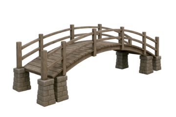 Rustic Wooden Garden Arch Bridge with Stone Supports, Evoking Tranquility and Natural Beauty