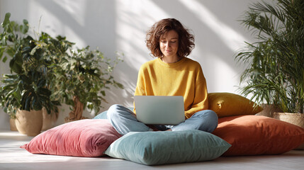 Cozy digital nomad Woman works on a laptop, relaxed on floor cushions bathed in sunlit indoor space. Represents flexibility, remote work, and wellness.