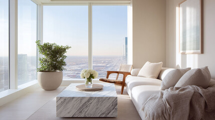 Fototapeta premium Bright, modern living space in a highrise with stunning city views. Serene, minimalist design for relaxation, luxury lifestyle, real estate, or interior design projects.