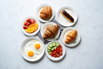 A Delicious Breakfast Spread Featuring Croissants, Eggs, Fruits, and Vegetables Arranged on a Marble Surface Showcasing Culinary Delights and Healthy Eating