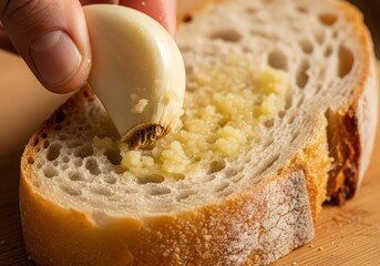 Close up of hand rubbing garlic on a slice of bread for a flavorful meal