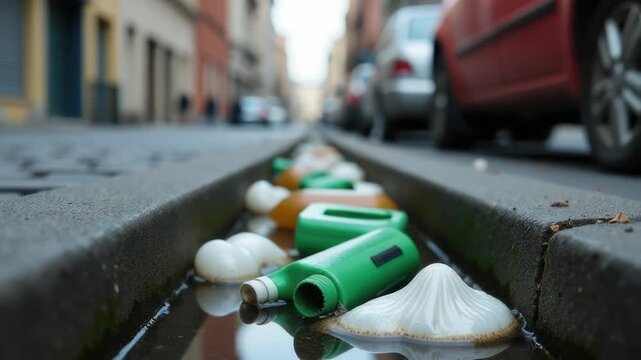A row of trash cans lining a road, ready for collection