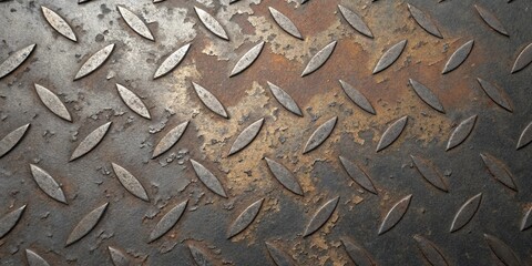 Close up of a rusty metal diamond plate texture background with a repeating pattern and a rough, industrial feel for various applications