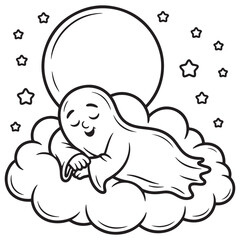 Cute Cloud Sleeping Under Moon and Stars Line Art Night Scene Coloring Page