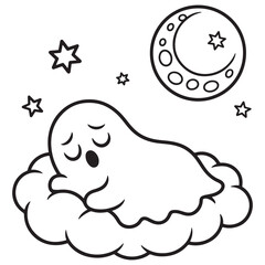 Sleeping Moon Cloud Line Art Cute Night Sky Coloring Page for Kids
