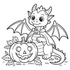 Baby Dragon with Pumpkin Line Art Halloween Coloring Page for Children
