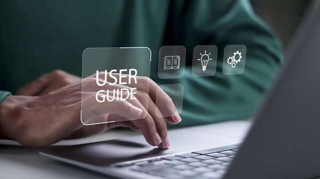 User manual guide concept, Online instruction manual and strategy advice. Person using laptop with user guide icon for business service.