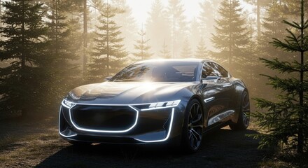 A sleek, modern electric vehicle parked in a tranquil forest setting, embodying innovation and environmental consciousness. The vehicle's design seamlessly blends with the natural backdrop