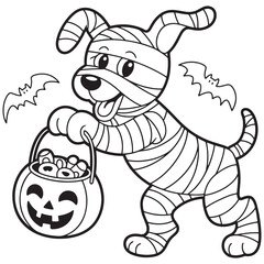Halloween Mummy Dog with Pumpkin Bucket Line Art – Cute Spooky Black and White Coloring Page for All Ages
