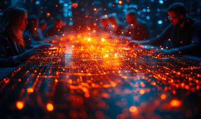 Digital network collaboration with glowing data grid and business people integrating technology in futuristic office environment concept