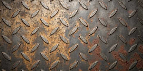 Close up of rusty metal plate with diamond pattern, a textured background with an industrial and vintage feel, perfect for adding grunge to designs