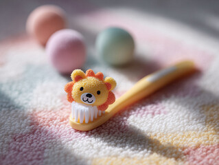 Charming, whimsical still life featuring a lionthemed toothbrush and pastel bath bombs, emphasizing hygiene, child care, and playful selfcare routines. Bright, gentle focus.