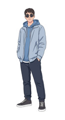 Fototapeta premium Stylish young man in a blue hoodie and sunglasses, a full-body character illustration representing modern streetwear fashion.