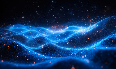 Obraz premium Abstract digital wave with glowing blue particles and orange light sparkles representing dynamic data flow and futuristic technology concept in dark space background