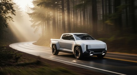 Fototapeta premium An electric pickup truck travels along a road through a forest, with sunlight shining. The vehicle is driving on a winding asphalt road surrounded by trees
