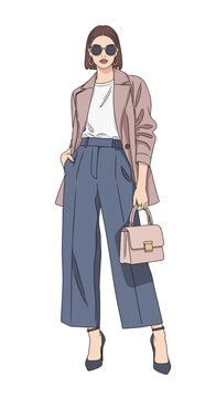 Elegant fashion illustration of a stylish young woman in a chic urban outfit. Modern character wearing a blazer and culottes.
