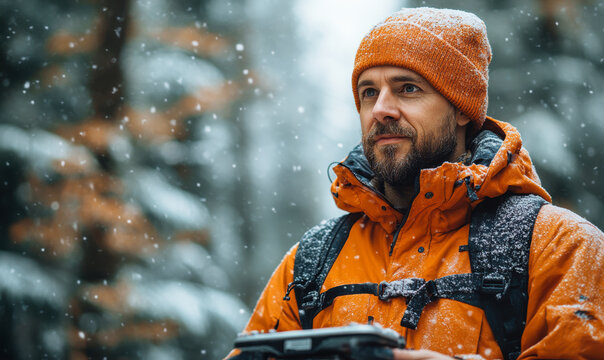 Confident man wearing orange beanie and jacket hiking in snowy forest holding remote control device for outdoor exploration in winter landscape