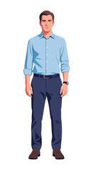 Illustration of a young professional man in business casual attire standing confidently on a white background.