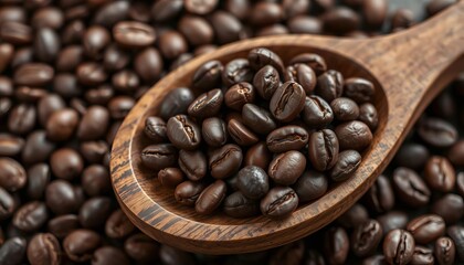 Fototapeta premium Roasted coffee beans in a rustic wooden spoon, close-up view, wooden, full frame