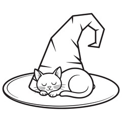 Sleepy Cat Under Witch Hat – Cozy Halloween Cartoon Line Art for Children’s Coloring Book