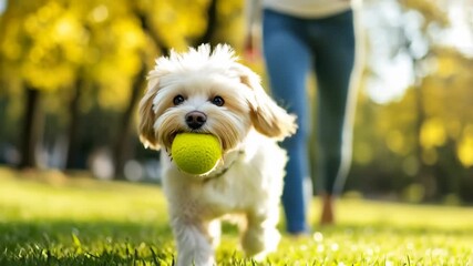 A small white dog with floppy ears carries a green tennis ball in its mouth. The dog runs on grass in a park with autumn trees in the background. - Powered by Adobe
