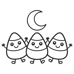 Smiling Candy Corn Under Crescent Moon – Cute Halloween Character Line Art Coloring Page for Kids’ Creative Play

