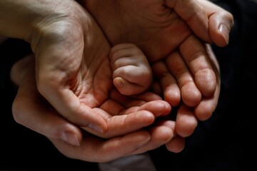 Baby's hand in the embrace of the hands of the parents, mom and dad, as a symbol of safety