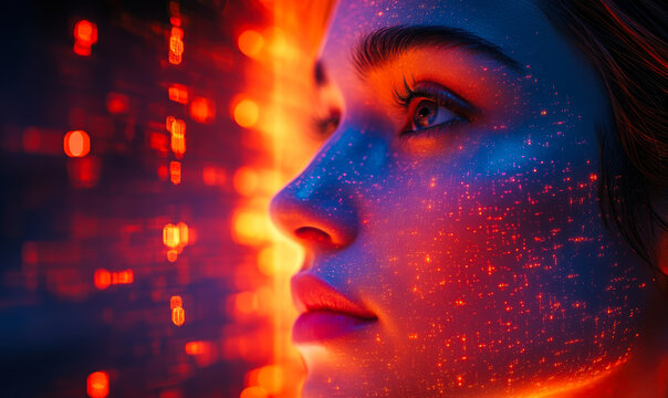 Close-up profile of young woman face illuminated by vibrant orange red digital lights with glowing blue futuristic data overlay on skin in technology concept