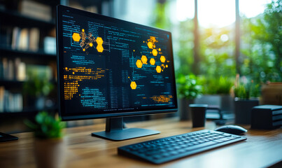 Computer monitor displaying AI driven data analytics interface with orange hexagonal network nodes and programming code on desk in modern office environment