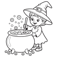 Little Witch Stirring Magic Potion in Cauldron – Charming Halloween Line Art Coloring Illustration for Children