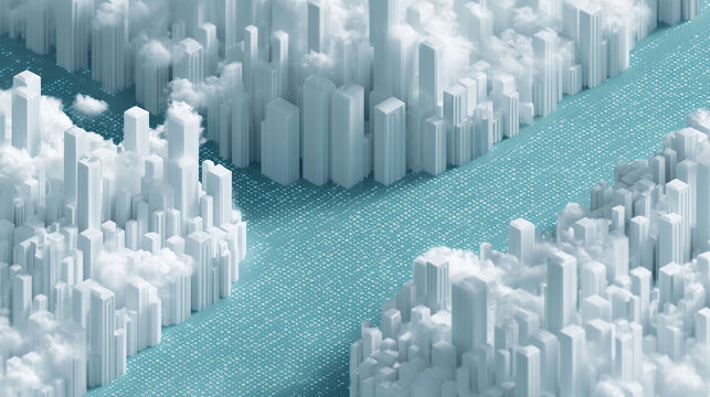 Abstract cityscape with white structures, suggestive of data centers or cloud computing. Ethereal, modern, perfect for tech, innovation or futuristic concepts. - Powered by Adobe