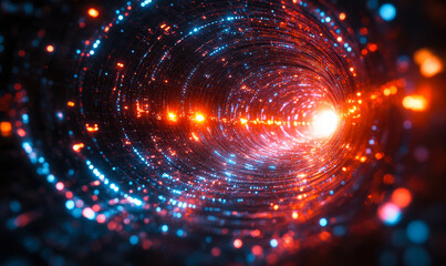 Abstract glowing tunnel with dynamic light particles and digital bokeh effect representing quantum computing data flow and futuristic technology concept