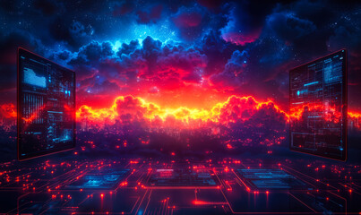 Futuristic digital network interface with glowing red circuit board patterns and floating transparent screens under vibrant cosmic clouds and starry sky background technology concept