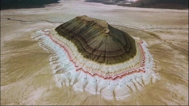 Aerial footage of the Gora Bokty Mount with its colorful layer like Tiramisu cake at dusk. Mangystau, Kazakhstan